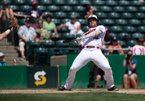 ANDREW RYAN / WINNIPEG FREE PRESS Designated hitter Dave Sappelt dodges a high pitch from in Goldeyes game action against the Sioux Falls Canaries on July 10, 2018.