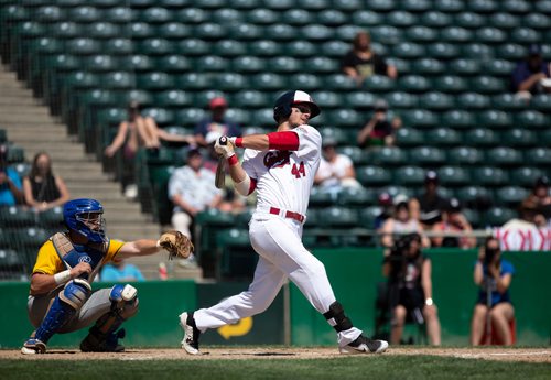 ANDREW RYAN / WINNIPEG FREE PRESS Grant Heyman swings and misses in Goldeyes game action against the Sioux Lookout Canaries on July 10, 2018.