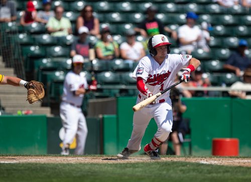 ANDREW RYAN / WINNIPEG FREE PRESS Infielder Matt McCann runs to first base after a bunt in Goldeyes game action against the Sioux Lookout Canaries on July 10, 2018.