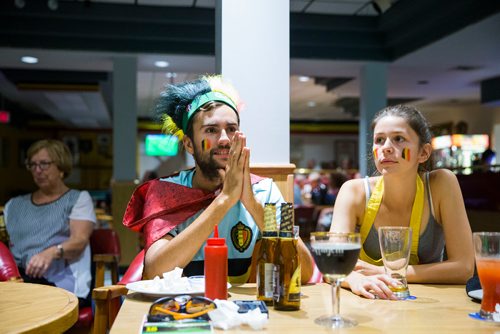 MIKAELA MACKENZIE / WINNIPEG FREE PRESS
Jean-Luc Speliers (left) and Dominique Roche watch the game at the Belgian Club in Winnipeg on Tuesday, July 10, 2018. 
Mikaela MacKenzie / Winnipeg Free Press 2018.