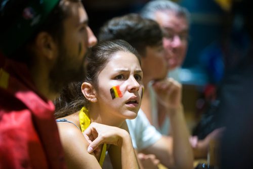 MIKAELA MACKENZIE / WINNIPEG FREE PRESS
Dominique Roche watches the game at the Belgian Club in Winnipeg on Tuesday, July 10, 2018. 
Mikaela MacKenzie / Winnipeg Free Press 2018.