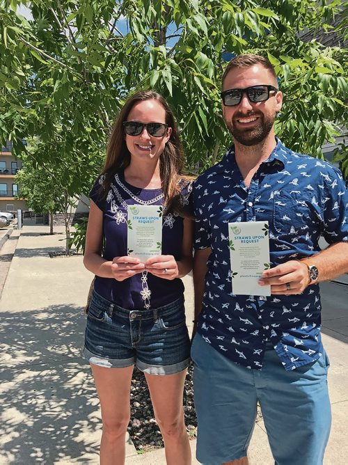 Canstar Community News Whitley Schamber (left) and Cam Sheppard are organizers with Plastic Free Peg. The group is encouraging restaurants to go straw free this summer with a Strawless Summer campaign aimed at reducing single-use plastic waste. (SHELDON BIRNIE/CANSTAR/THE HERALD)