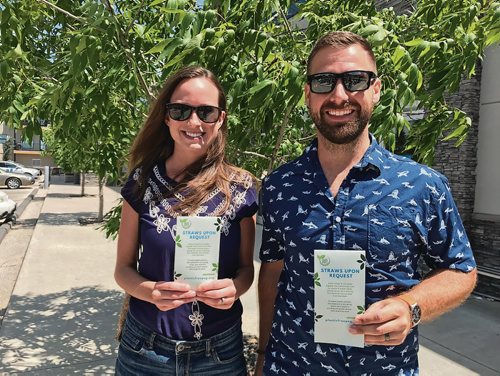 Canstar Community News Whitley Schamber (left) and Cam Sheppard are organizers with Plastic Free Peg. The group is encouraging restaurants to go straw free this summer with a Strawless Summer campaign aimed at reducing single-use plastic waste. (SHELDON BIRNIE/CANSTAR/THE HERALD)