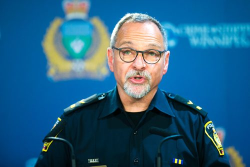 MIKAELA MACKENZIE / WINNIPEG FREE PRESS
Constable Rob Carver with the Winnipeg Police Service holds a media briefing about the arrest of Russ Wyatt in a serious sexual assault case in Winnipeg on Wednesday, July 11, 2018. 
Mikaela MacKenzie / Winnipeg Free Press 2018.