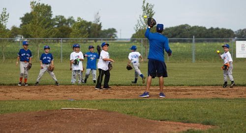 MIKE DEAL / WINNIPEG FREE PRESS
The Blue Jays Baseball Academy set up in Île-des-Chênes, MB, Tuesday making it one of the fourteen Super Camps that are taking place in various towns and cities across the country. The super camps give kids aged 9-16 skills and techniques from former Major Leaguer players.
Former Blue Jays second baseman, Roberto Alomar, gives kids pointers on catching and throwing the ball.
180711 - Wednesday, July 11, 2018.