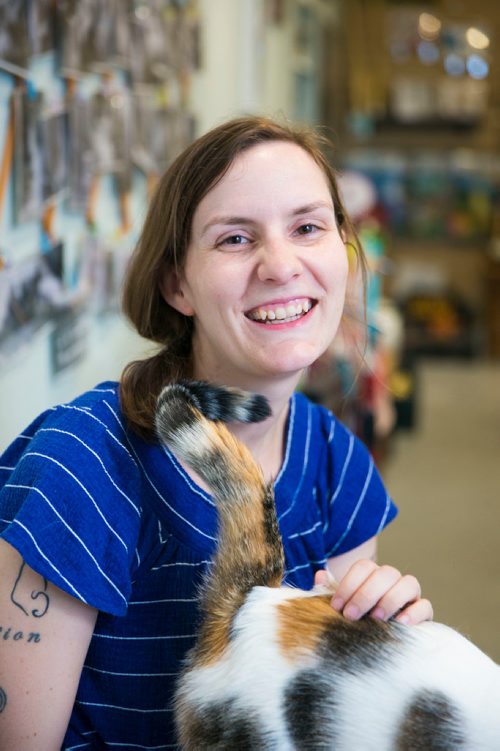 MIKAELA MACKENZIE / WINNIPEG FREE PRESS
Jessica Thompson, CARE Cat Community Outreach Liaison (aka professional cat lady) , poses with a few furry friends at the CARE store in Winnipeg on Wednesday, July 11, 2018. 
Mikaela MacKenzie / Winnipeg Free Press 2018.