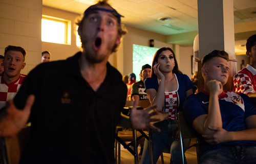 ANDREW RYAN / WINNIPEG FREE PRESS Michael Pichlyk, left, and Martina Cubela gasp after a chance Croatia missed against England after tying the semi final World Cup game. Croation fans gathered at the Creation Church on Main St. on July 11, 2018.