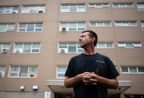 ANDREW RYAN / WINNIPEG FREE PRESS Tom Kowalsky got stabbed while helping police during a raid in his apartment building in Lord Selkirk Park. Kowalsky is frustrated at the lack of security in his building. Shot on July 11, 2018.