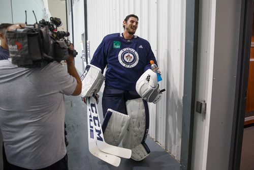 MIKE DEAL / WINNIPEG FREE PRESS
Winnipeg Jets' goaltender Connor Hellebuyck (37) just signed with the Winnipeg Jets for a new six-year $37 million contract.
180712 - Thursday, July 12, 2018.