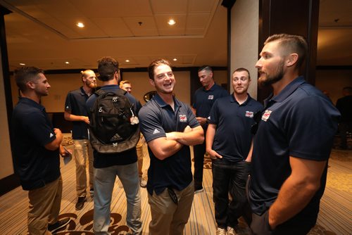 RUTH BONNEVILLE / WINNIPEG FREE PRESS

Sports Saturday Special, Goldeyes 25th anniversary luncheon Thursday at the Fairmont.
Goldeyes players chat in foyer before heading into luncheon.  

See Mike McIntyre story


July 12, 2018 

