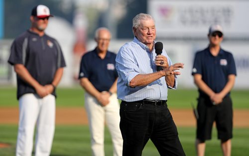 TREVOR HAGAN / WINNIPEG FREE PRESS
Former Winnipeg Goldeyes Manager, Hal Lanier speaks during his number retirement ceremony, with Rick Forney, Sam Katz and Andrew Collier looking on, Thursday, July 12, 2018.