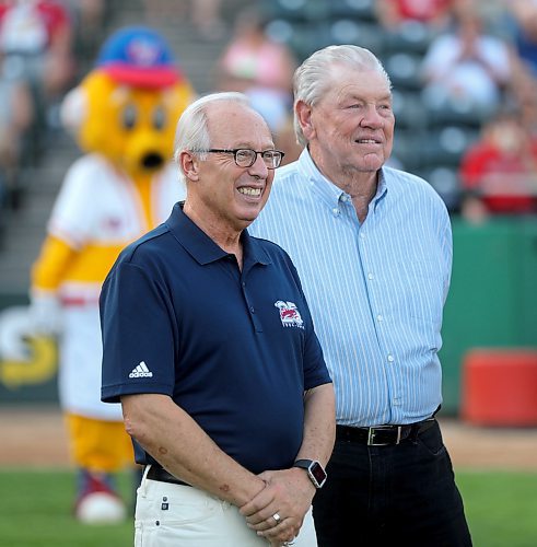 TREVOR HAGAN / WINNIPEG FREE PRESS
Sam Katz and former Winnipeg Goldeyes manager, Hal Lanier during his number retirement ceremony, with Rick Forney, Sam Katz and Andrew Collier looking on, Thursday, July 12, 2018.
