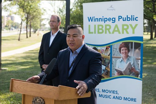 DAVID LIPNOWSKI / WINNIPEG FREE PRESS

Councillor Mike Pagtakhan, Chair, Standing Policy Committee on Protection, Community Services, and Parks speaks during the official unveiling of the location of the future River Heights Library, renamed the Bill & Helen Norrie Library Friday July 13, 2018.