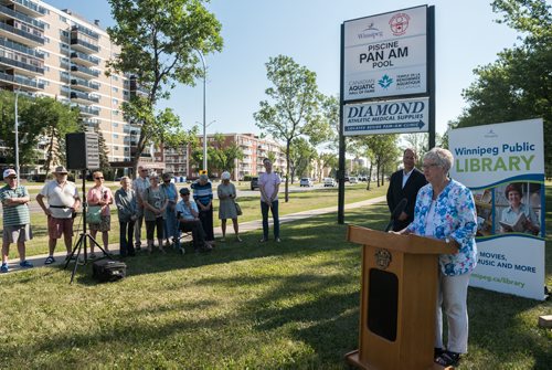 DAVID LIPNOWSKI / WINNIPEG FREE PRESS

Helen Norrie speaks during the official unveiling of the location of the future River Heights Library, renamed the Bill & Helen Norrie Library Friday July 13, 2018.