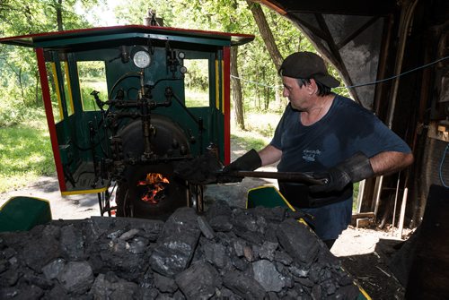 DAVID LIPNOWSKI / WINNIPEG FREE PRESS

Owner operator of the Assiniboine park railroad, Timothy Buzunis puts coal in the engine Friday July 13, 2018.