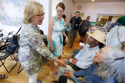 JOHN WOODS / WINNIPEG FREE PRESS
Green party leader Elizabeth May (L) meets local residents with St Boniface by-election candidate Françoise Therrien Vrignon (C) in Winnipeg Sunday, July 15, 2018.

