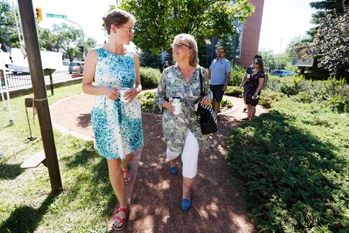 JOHN WOODS / WINNIPEG FREE PRESS
Green party leader Elizabeth May (R) walks to a meet and greet with St Boniface by-election candidate Françoise Therrien Vrignon in Winnipeg Sunday, July 15, 2018.

