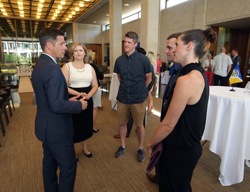 JASON HALSTEAD / WINNIPEG FREE PRESS

L-R: Mayor Brian Bowman chats with past Future Leaders of Manitoba award winners on June 27, 2018 at a reception at city hall hosted by Mayor Brian Bowman for the Future Leaders of Manitoba. (See Social Page)