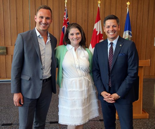 JASON HALSTEAD / WINNIPEG FREE PRESS

L-R: Future Leaders of Manitoba president Matt Erhard and past-president Patricia Katz with Mayor Brian Bowman on June 27, 2018 at a reception at city hall hosted by Mayor Brian Bowman for the Future Leaders of Manitoba. (See Social Page)