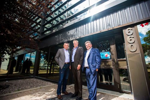 MIKAELA MACKENZIE / WINNIPEG FREE PRESS
Conservative MP  James Bezan (left), former conservative MP Lawrence Toet, and conservative MP Randy Hoback pose for a portrait at the Magellan Aerospace building in Winnipeg on Monday, July 16, 2018. 
Mikaela MacKenzie / Winnipeg Free Press 2018.