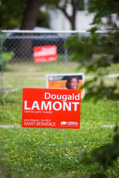 MIKAELA MACKENZIE / WINNIPEG FREE PRESS
Political signs in St. Boniface before the by-election in Winnipeg on Monday, July 16, 2018. 
Mikaela MacKenzie / Winnipeg Free Press 2018.