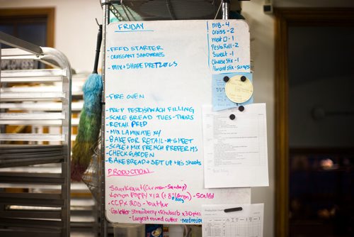 MIKAELA MACKENZIE / WINNIPEG FREE PRESS
The early-morning to-do list at Pennyloaf bakery in Winnipeg on Friday, July 13, 2018. 24hourproject
Mikaela MacKenzie / Winnipeg Free Press 2018.