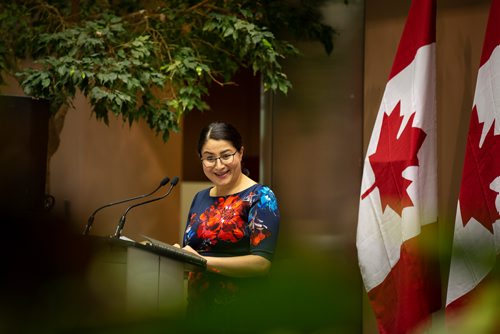 ANDREW RYAN / WINNIPEG FREE PRESS  Honorable Maryam Monsef, Minister of Status of Women, speaks on stage to announcing a new federal funding allotment to help improve women's presence in information and communication technologies on July 17, 2018.