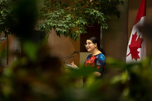 ANDREW RYAN / WINNIPEG FREE PRESS  Honorable Maryam Monsef, Minister of Status of Women, speaks on stage to announcing a new federal funding allotment to help improve women's presence in information and communication technologies on July 17, 2018.