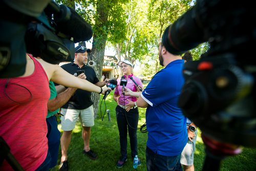 MIKAELA MACKENZIE / WINNIPEG FREE PRESS
Five-time LPGA tournament winner Brooke Henderson scrums with the media at the St. Charles Country Club in Winnipeg on Tuesday, July 17, 2018. 
Mikaela MacKenzie / Winnipeg Free Press 2018.