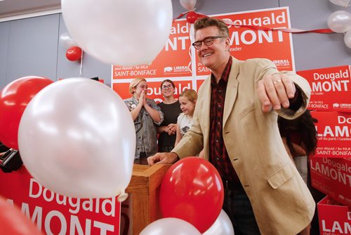 JOHN WOODS / WINNIPEG FREE PRESS
Dougald Lamont, leader of the Manitoba Liberal Party, celebrates a win in the St. Boniface by-election in Winnipeg Tuesday, July 17, 2018.