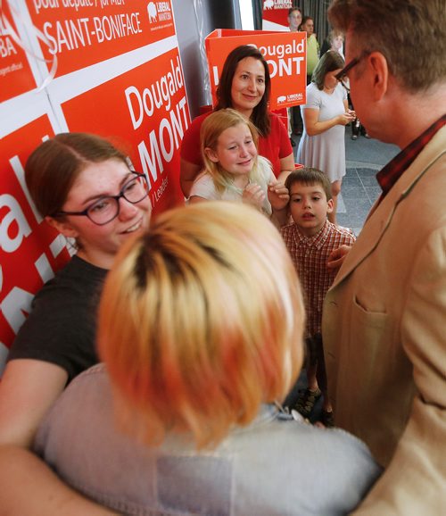 JOHN WOODS / WINNIPEG FREE PRESS
Dougald Lamont, leader of the Manitoba Liberal Party, and his family celebrate a win in the St. Boniface by-election in Winnipeg Tuesday, July 17, 2018.