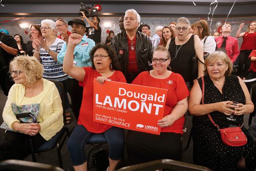 JOHN WOODS / WINNIPEG FREE PRESS
Supporters celebrate as they see positive results come in for Dougald Lamont, leader of the Manitoba Liberal Party,  in the St. Boniface by-election in Winnipeg Tuesday, July 17, 2018.