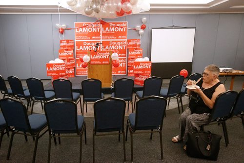 JOHN WOODS / WINNIPEG FREE PRESS
Supporters fill up on finger sandwiches prior to the results party for Dougald Lamont, leader of the Manitoba Liberal Party,  in the St. Boniface by-election in Winnipeg Tuesday, July 17, 2018.