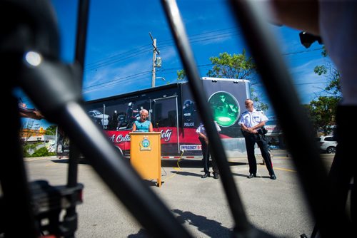 MIKAELA MACKENZIE / WINNIPEG FREE PRESS
Dr. Ginette Poulin from the Addictions Foundation of Manitoba speaks at a media briefing outlining rising crime rates and the methods being taken to combat them in Winnipeg on Wednesday, July 18, 2018. 
Mikaela MacKenzie / Winnipeg Free Press 2018.