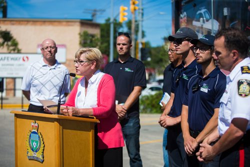 MIKAELA MACKENZIE / WINNIPEG FREE PRESS
Gloria Cardwell-Hoeppner, Executive Director of West End Biz, speaks at a media briefing outlining rising crime rates and the methods being taken to combat them in Winnipeg on Wednesday, July 18, 2018. 
Mikaela MacKenzie / Winnipeg Free Press 2018.