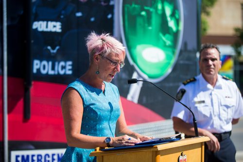 MIKAELA MACKENZIE / WINNIPEG FREE PRESS
Dr. Ginette Poulin from the Addictions Foundation of Manitoba speaks at a media briefing outlining rising crime rates and the methods being taken to combat them in Winnipeg on Wednesday, July 18, 2018. 
Mikaela MacKenzie / Winnipeg Free Press 2018.