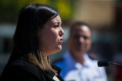 MIKAELA MACKENZIE / WINNIPEG FREE PRESS
Robyn Dryden from the Gang Action Interagency Network speaks at a media briefing outlining rising crime rates and the methods being taken to combat them in Winnipeg on Wednesday, July 18, 2018. 
Mikaela MacKenzie / Winnipeg Free Press 2018.