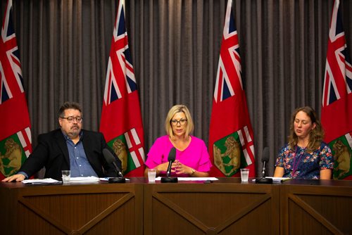 ANDREW RYAN / WINNIPEG FREE PRESS  Sustainable Development Minister Rochelle Squires explains the threat of high levels of lead found in St. Boniface soil at the Manitoba Legislature on July 18, 2018. She's joined by Don Labossiere, Director of Conservation and Water Stewardship, and Lisa Richards, Medical Officer of Health (Winnipeg Regional Health Authority). After being aware of the problem for almost two months Squires did not notify residents of the contaminated soil citing a media blackout due to the by-election.