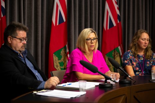 ANDREW RYAN / WINNIPEG FREE PRESS  Sustainable Development Minister Rochelle Squires explains the threat of high levels of lead found in St. Boniface soil at the Manitoba Legislature on July 18, 2018. She's joined by Don Labossiere, Director of Conservation and Water Stewardship, and Lisa Richards, Medical Officer of Health (Winnipeg Regional Health Authority). After being aware of the problem for almost two months Squires did not notify residents of the contaminated soil citing a media blackout due to the by-election.