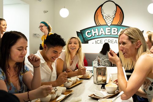 ANDREW RYAN / WINNIPEG FREE PRESS Friends Brianna Wiebe, far left, Quinton Delorme, centre left, Larissa Namaka, and Mirielle Guay enjoy a late evening ice cream at Chaeban on July 13, 2018. 24hourproject