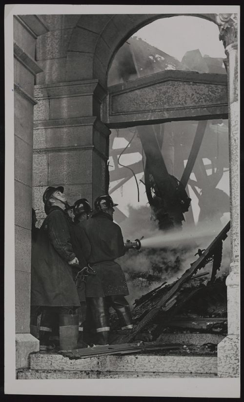 WINNIPEG FREE PRESS FILES
St. Boniface basilica fire, July 22, 1968. Caption published with image: St. Boniface firemen train a hose on the interior of the basilica in an effort to save part of the building from the flames.