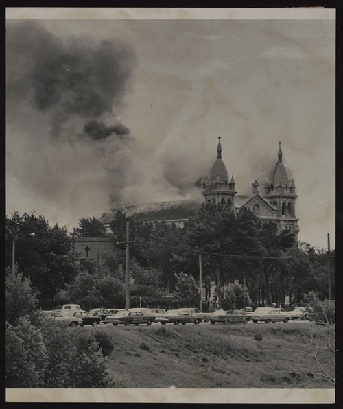WINNIPEG FREE PRESS FILES
St. Boniface basilica fire, July 22, 1968. Caption published with image: The St. Boniface skyline is marred by smoke.