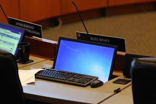 MIKE DEAL / WINNIPEG FREE PRESS
Councillor Russ Wyatts empty seat during Winnipeg City Councils last meeting of the summer session. 
180719 - Thursday, July 19, 2018.