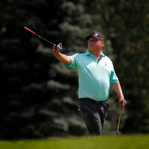PHIL HOSSACK / WINNIPEG FREE PRESS - A confident Justin McDonald points to his chip onto the 17th green Thursday afternoon at Glendale Golf Club in the Manitoba Men's Amature tournament final. See taylor's tale.  - July 17, 2018