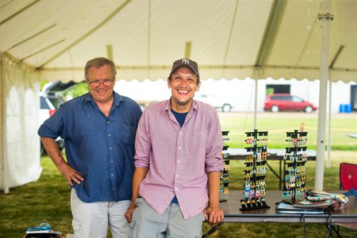 MIKAELA MACKENZIE / WINNIPEG FREE PRESS
Alex (left) and Joe Legere pose by their beadwork table at the Manitoba Stampede in Morris on Thursday, July 19, 2018. 
Mikaela MacKenzie / Winnipeg Free Press 2018.