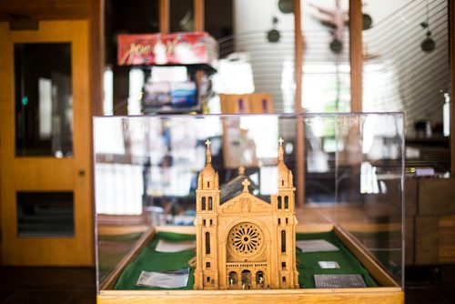 MIKAELA MACKENZIE / WINNIPEG FREE PRESS
A model of the St. Boniface Cathedral, made with materials salvaged from the original cathedral, in Winnipeg on Friday, July 20, 2018. 
Mikaela MacKenzie / Winnipeg Free Press 2018.