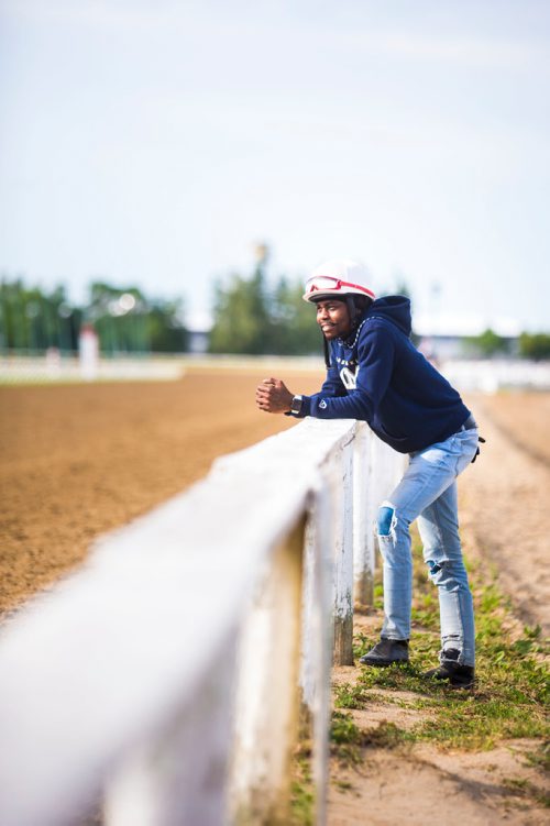 MIKAELA MACKENZIE / WINNIPEG FREE PRESS
Jockey Antonio Whitehall poses for a portrait at the Assiniboia Downs in Winnipeg on Thursday, July 19, 2018. 
Mikaela MacKenzie / Winnipeg Free Press 2018.