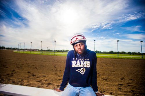 MIKAELA MACKENZIE / WINNIPEG FREE PRESS
Jockey Antonio Whitehall poses for a portrait at the Assiniboia Downs in Winnipeg on Thursday, July 19, 2018. 
Mikaela MacKenzie / Winnipeg Free Press 2018.