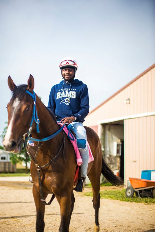 MIKAELA MACKENZIE / WINNIPEG FREE PRESS
Jockey Antonio Whitehall poses for a portrait at the Assiniboia Downs in Winnipeg on Thursday, July 19, 2018. 
Mikaela MacKenzie / Winnipeg Free Press 2018.