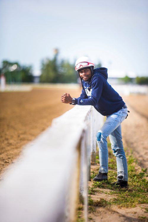 MIKAELA MACKENZIE / WINNIPEG FREE PRESS
Jockey Antonio Whitehall poses for a portrait at the Assiniboia Downs in Winnipeg on Thursday, July 19, 2018. 
Mikaela MacKenzie / Winnipeg Free Press 2018.